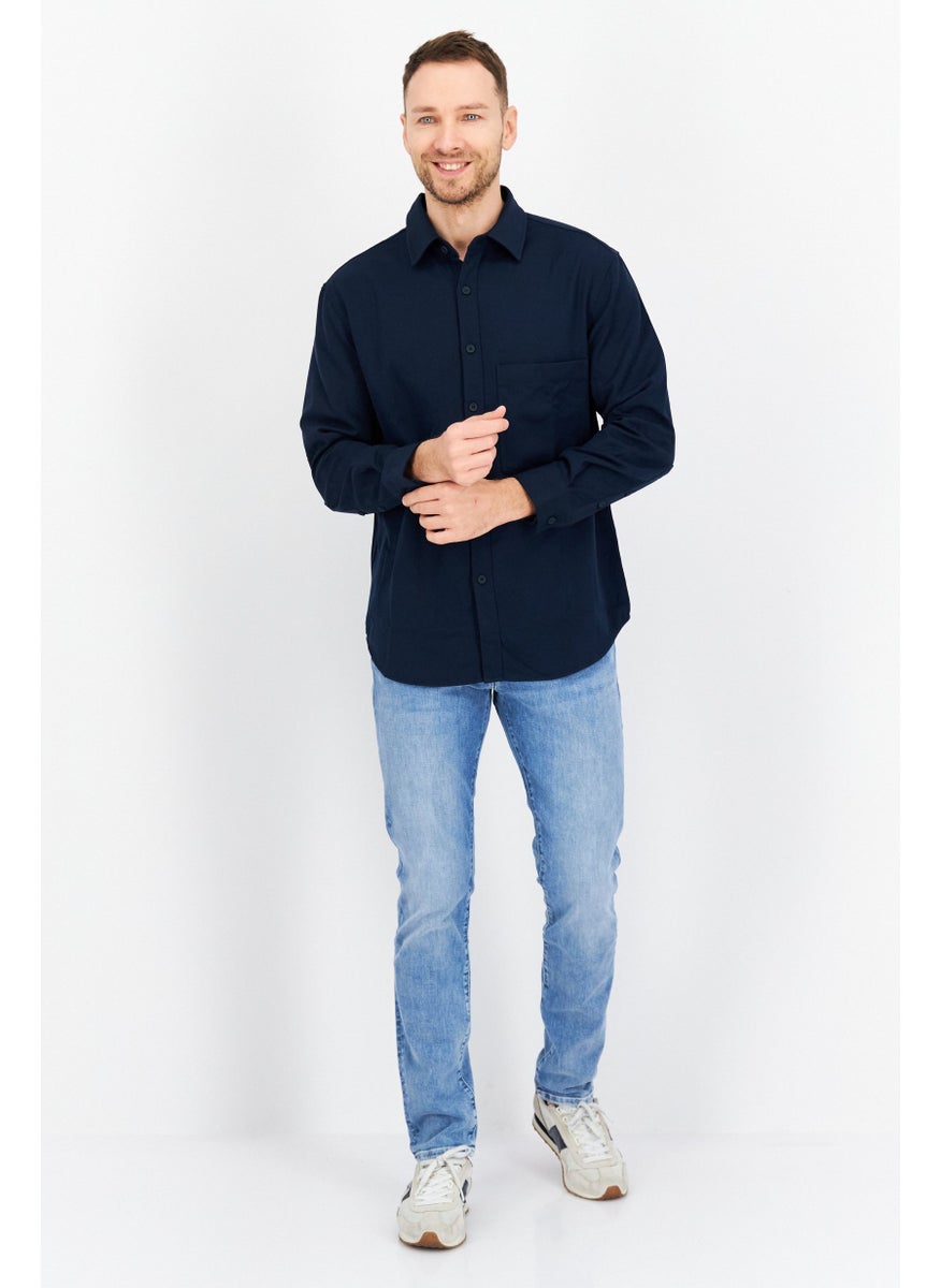 Men Regular Fit Pointed Collar Long Sleeves Solid Casual Shirt, Navy