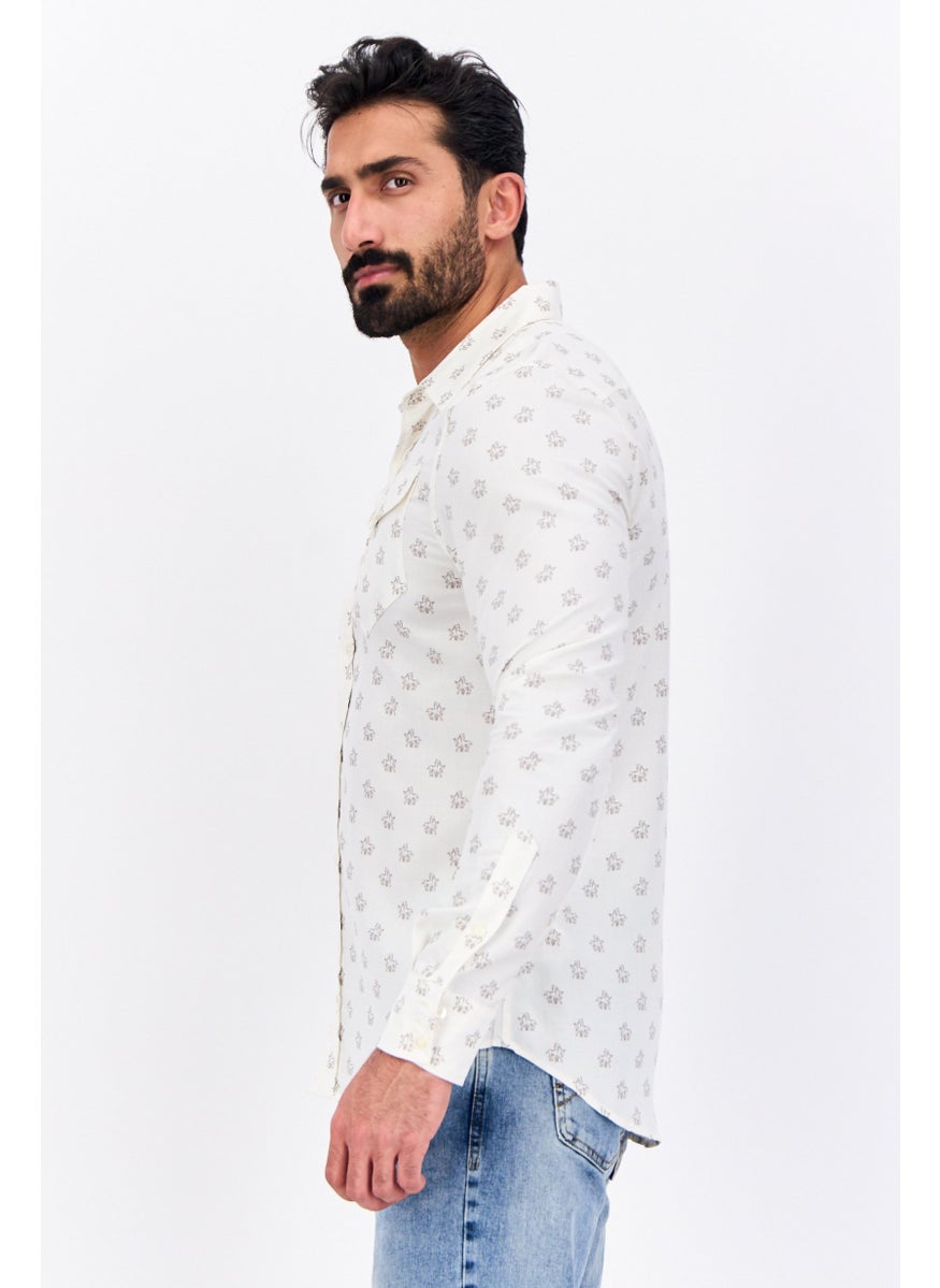 Men Regular Fit Allover Print Long Sleeves Casual Shirt, Beige
