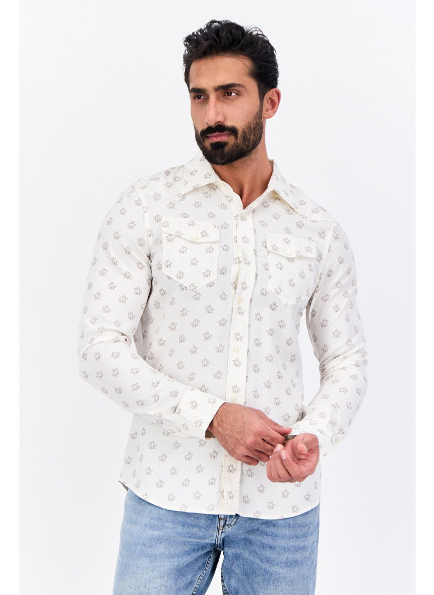 Men Regular Fit Allover Print Long Sleeves Casual Shirt, Beige