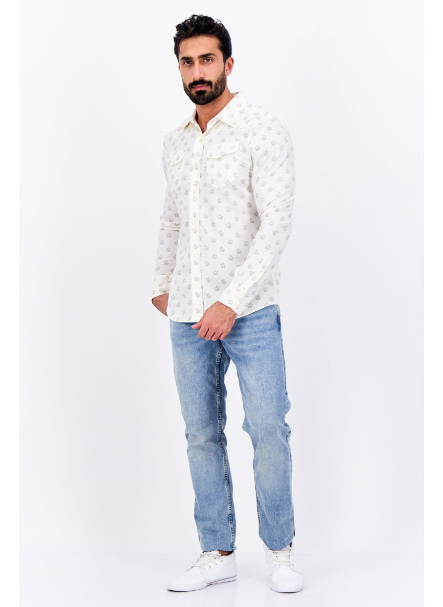 Men Regular Fit Allover Print Long Sleeves Casual Shirt, Beige