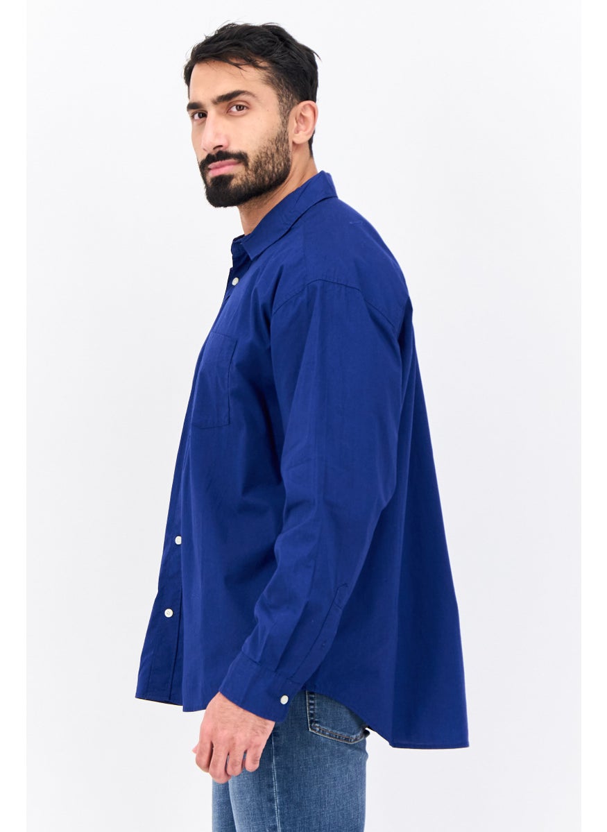 Men Stretch Fit Plain Long Sleeves Poplin Casual Shirt, Dark Royal Blue