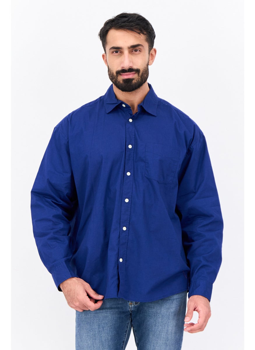 Men Stretch Fit Plain Long Sleeves Poplin Casual Shirt, Dark Royal Blue