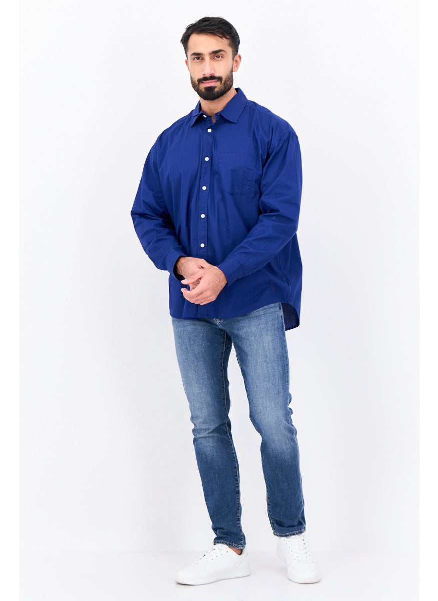 Men Stretch Fit Plain Long Sleeves Poplin Casual Shirt, Dark Royal Blue