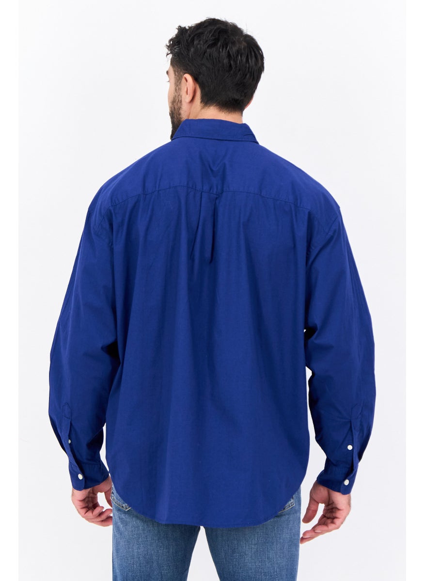 Men Stretch Fit Plain Long Sleeves Poplin Casual Shirt, Dark Royal Blue