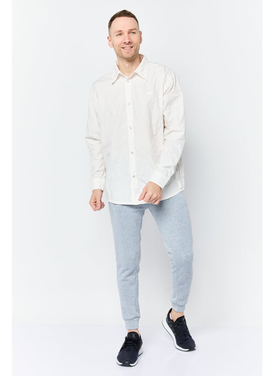 Men Regular Fit Embroidered Logo Long Sleeve Casual Shirt, Ivory