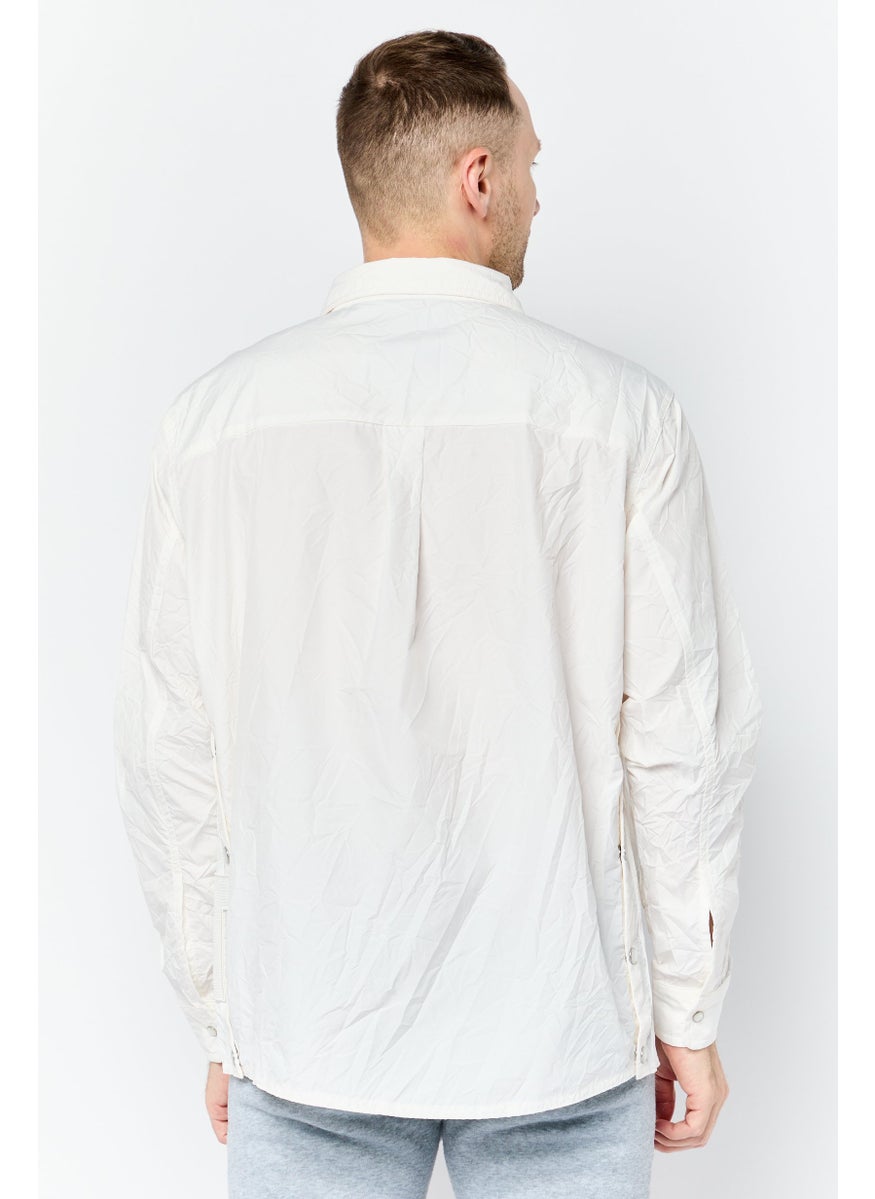 Men Regular Fit Embroidered Logo Long Sleeve Casual Shirt, Ivory