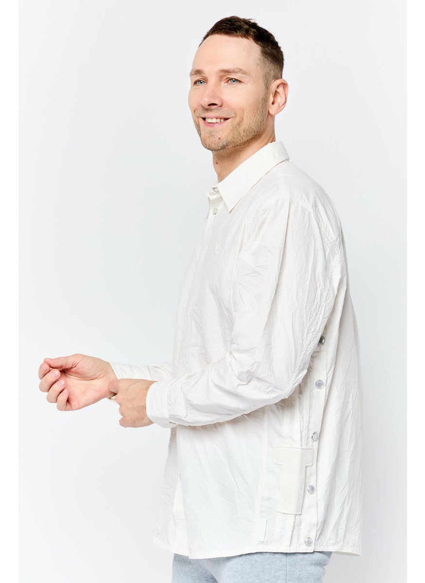 Men Regular Fit Embroidered Logo Long Sleeve Casual Shirt, Ivory
