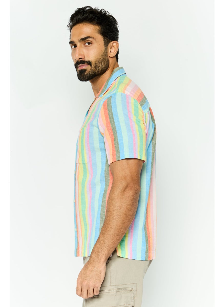 Men Regular Fit Stripe Short Sleeves Casual Shirt, Pink