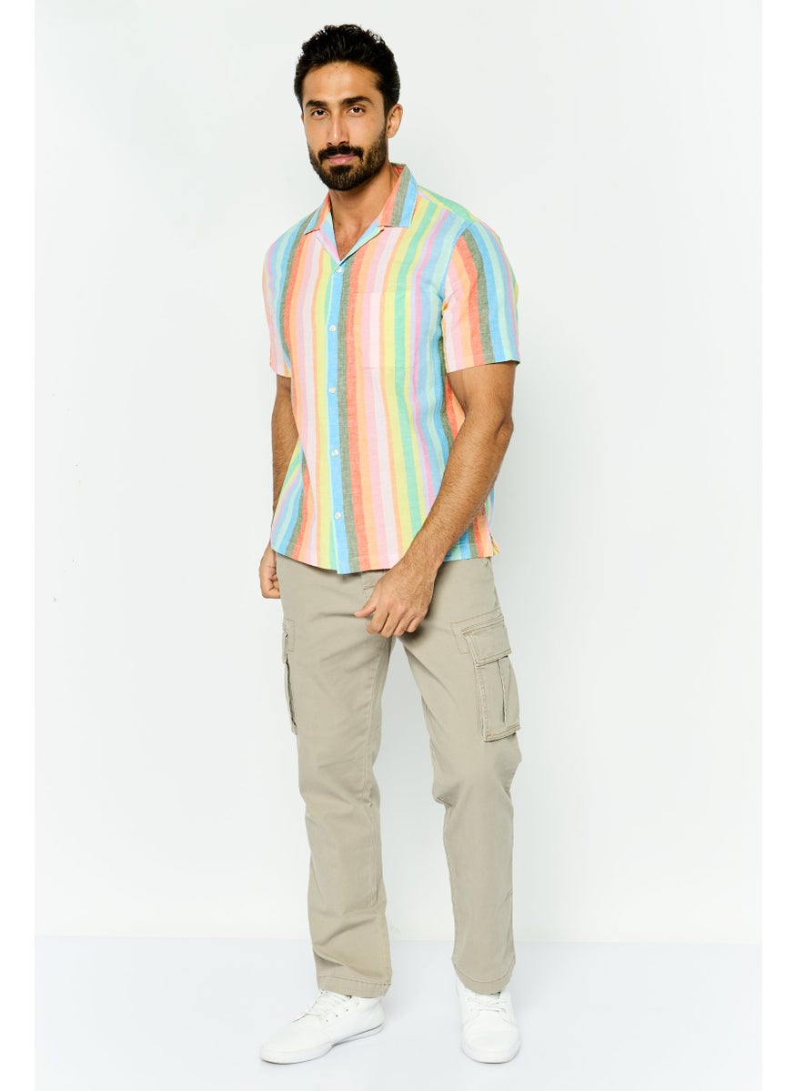 Men Regular Fit Stripe Short Sleeves Casual Shirt, Pink