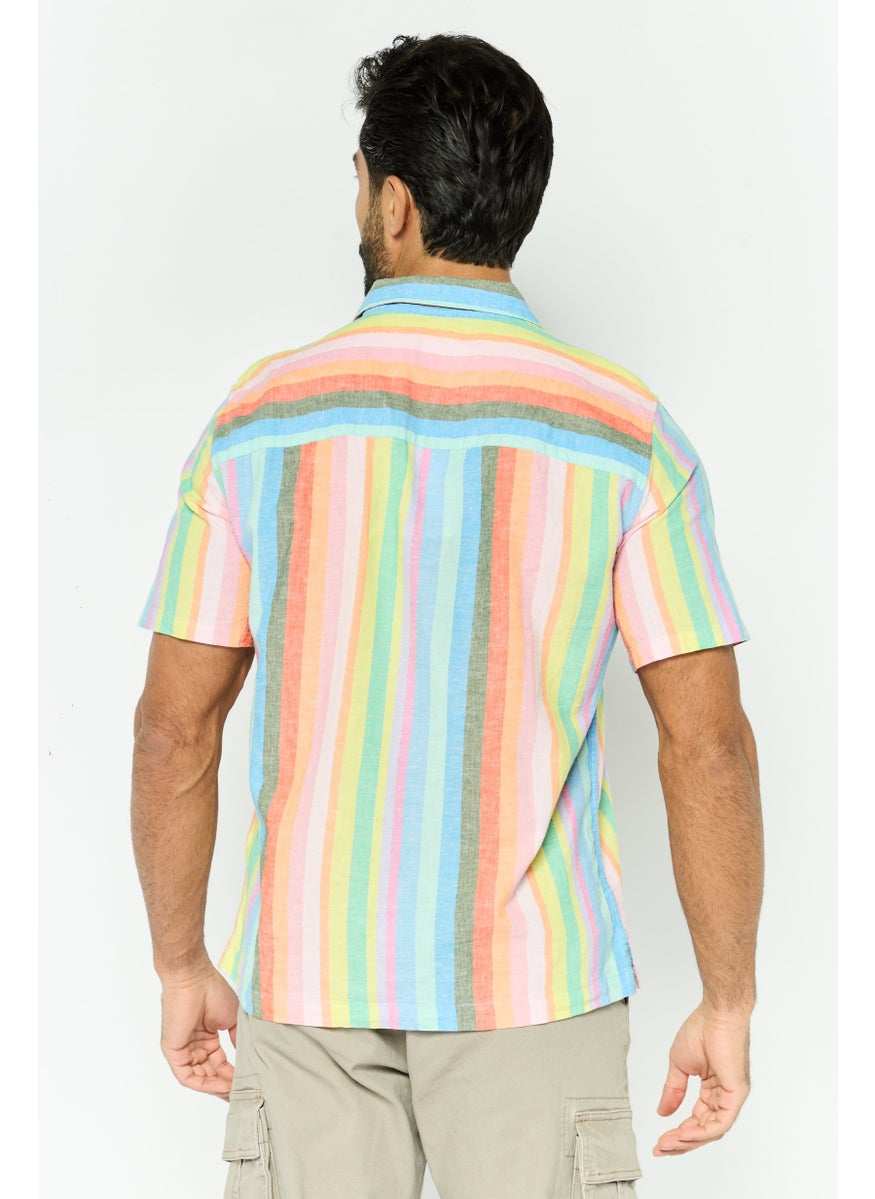 Men Regular Fit Stripe Short Sleeves Casual Shirt, Pink
