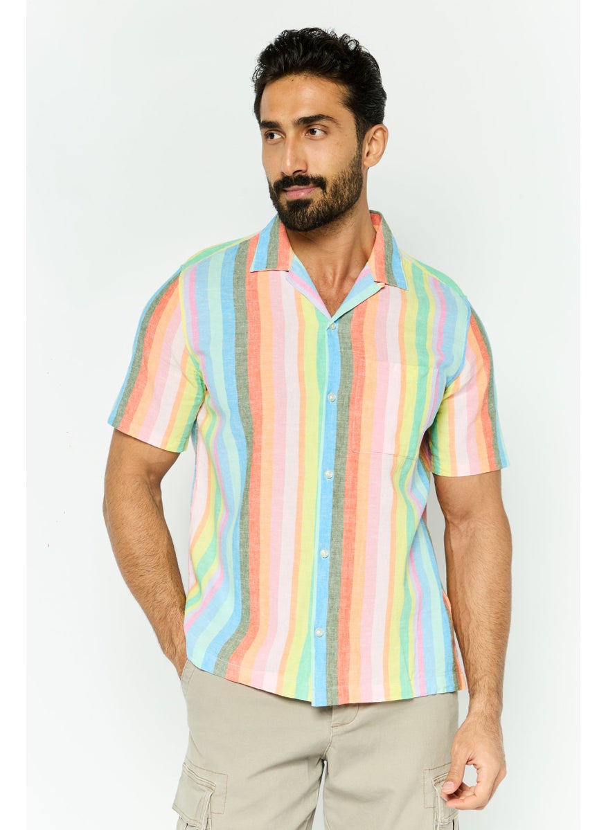 Men Regular Fit Stripe Short Sleeves Casual Shirt, Pink