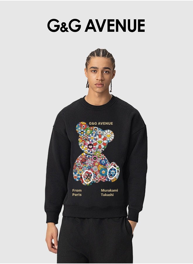 Men Spring and Autumn Long sleeved Top Loose and Fashionable Sportswear Bear Printed Round Neck Long sleeved Bottom Shirt