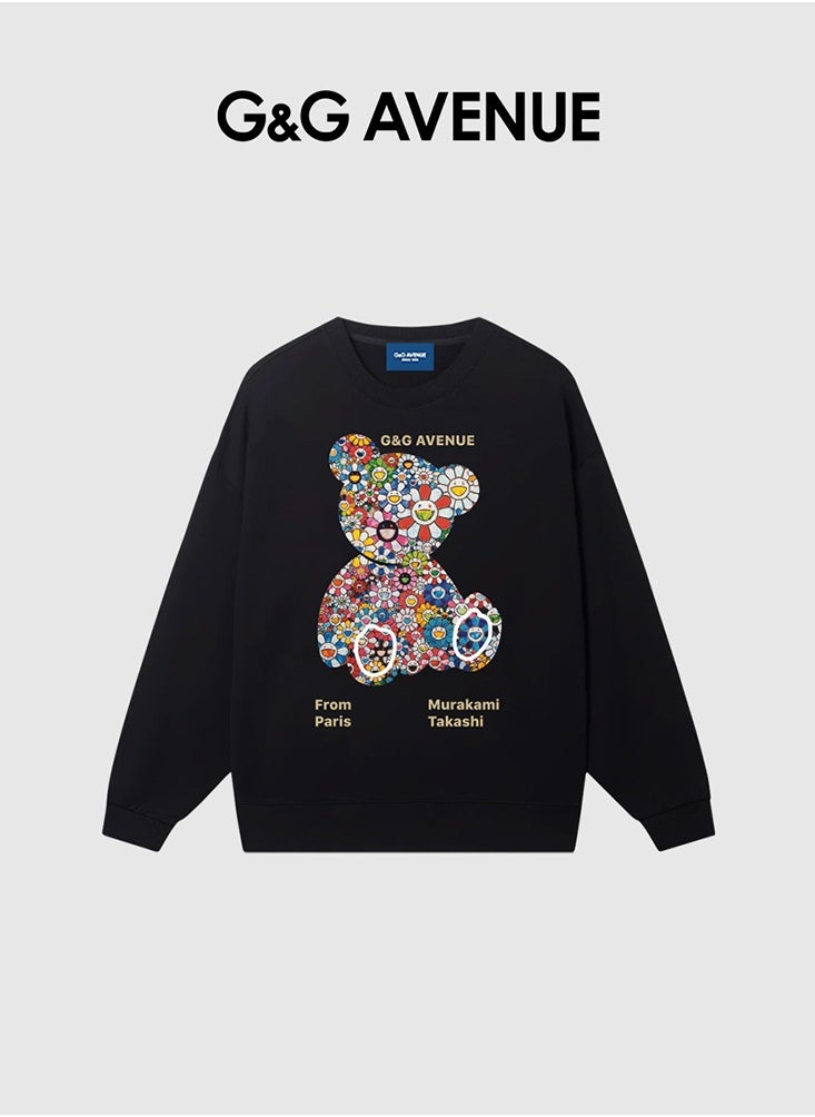 Men Spring and Autumn Long sleeved Top Loose and Fashionable Sportswear Bear Printed Round Neck Long sleeved Bottom Shirt