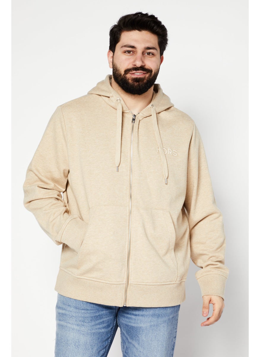 Men Hooded Long Sleeves Embroidered Logo Sweatshirt, Beige