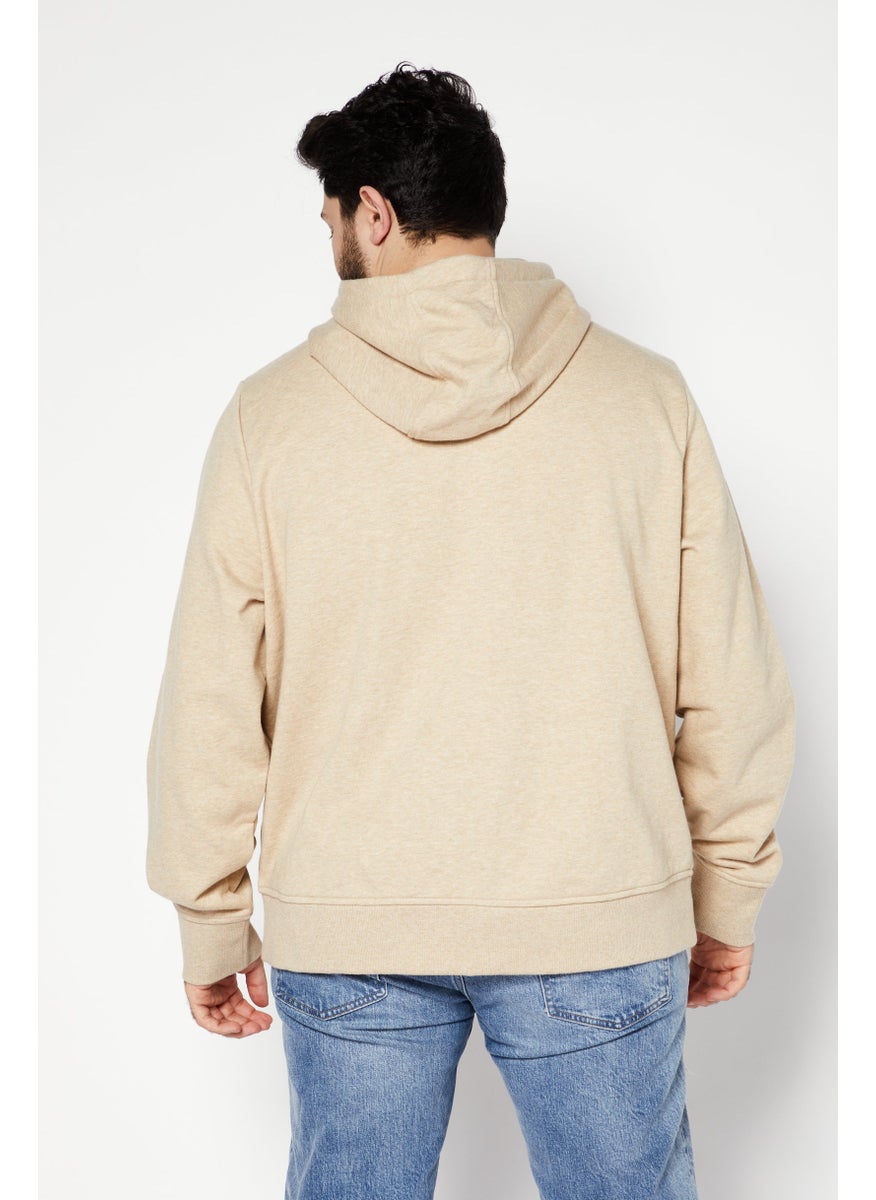 Men Hooded Long Sleeves Embroidered Logo Sweatshirt, Beige