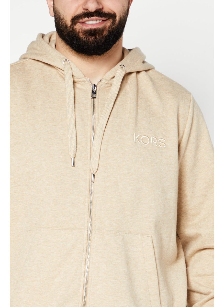 Men Hooded Long Sleeves Embroidered Logo Sweatshirt, Beige