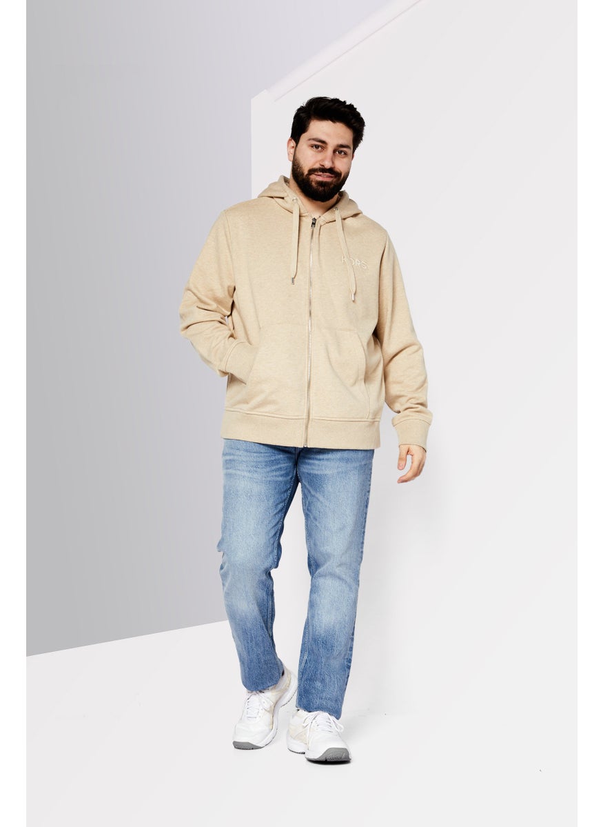 Men Hooded Long Sleeves Embroidered Logo Sweatshirt, Beige