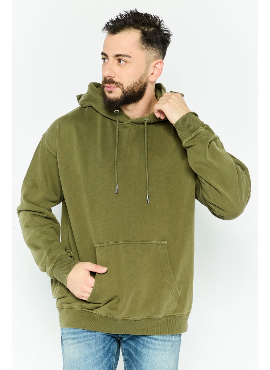 Men Hooded Plain Long Sleeves Sweatshirt, Olive