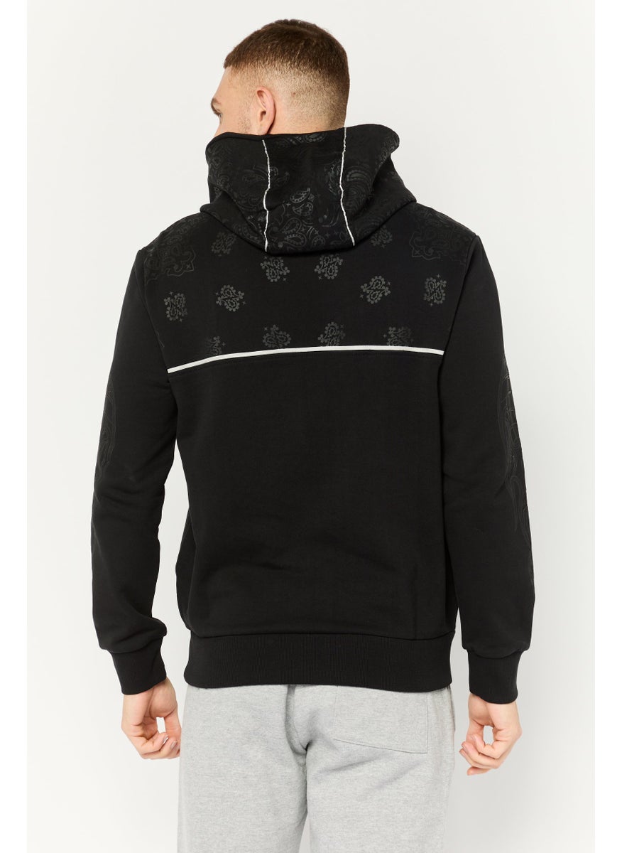 Men Hooded Textured Long Sleeve Sweatshirt, Black