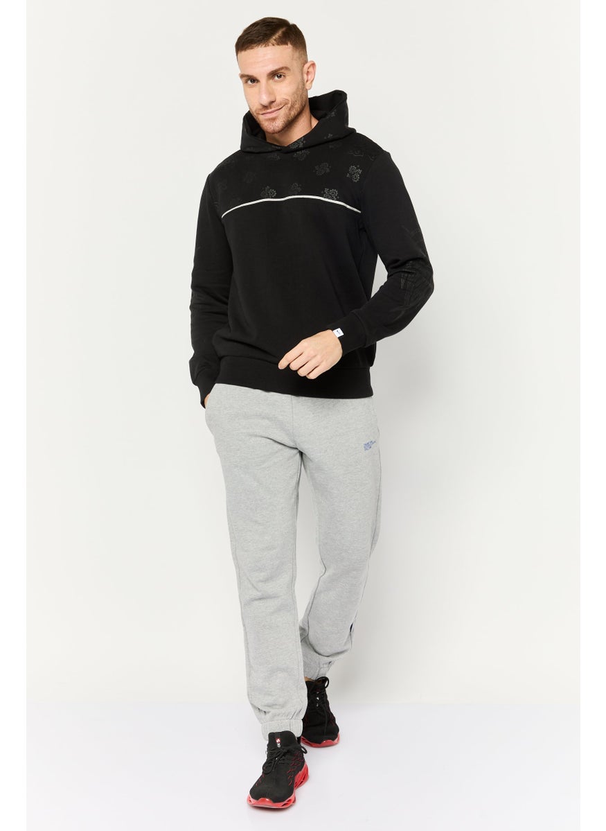 Men Hooded Textured Long Sleeve Sweatshirt, Black