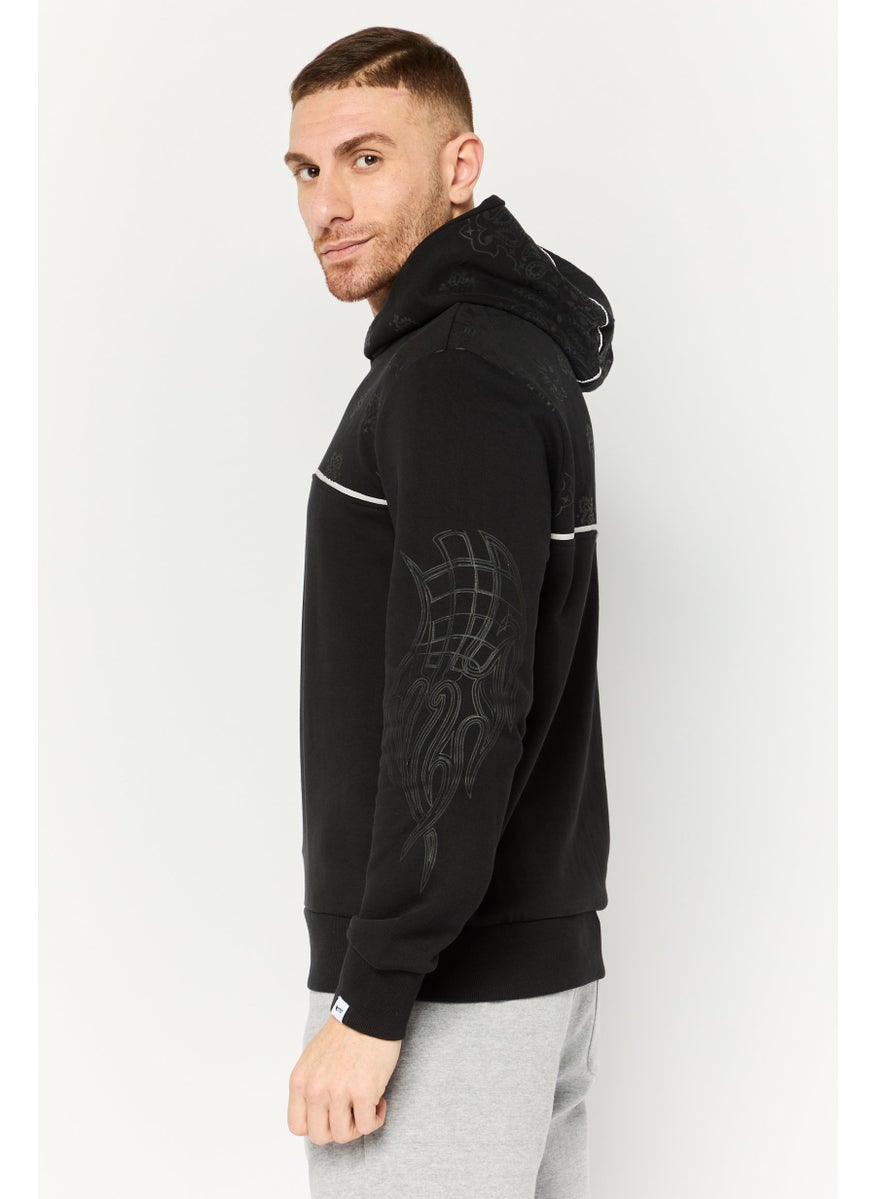 Men Hooded Textured Long Sleeve Sweatshirt, Black