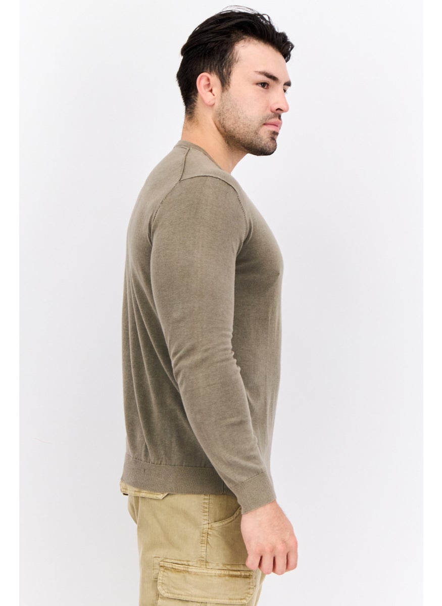 Men Ribbed Neck Solid Long Sleeves Sweatshirt, Light Olive