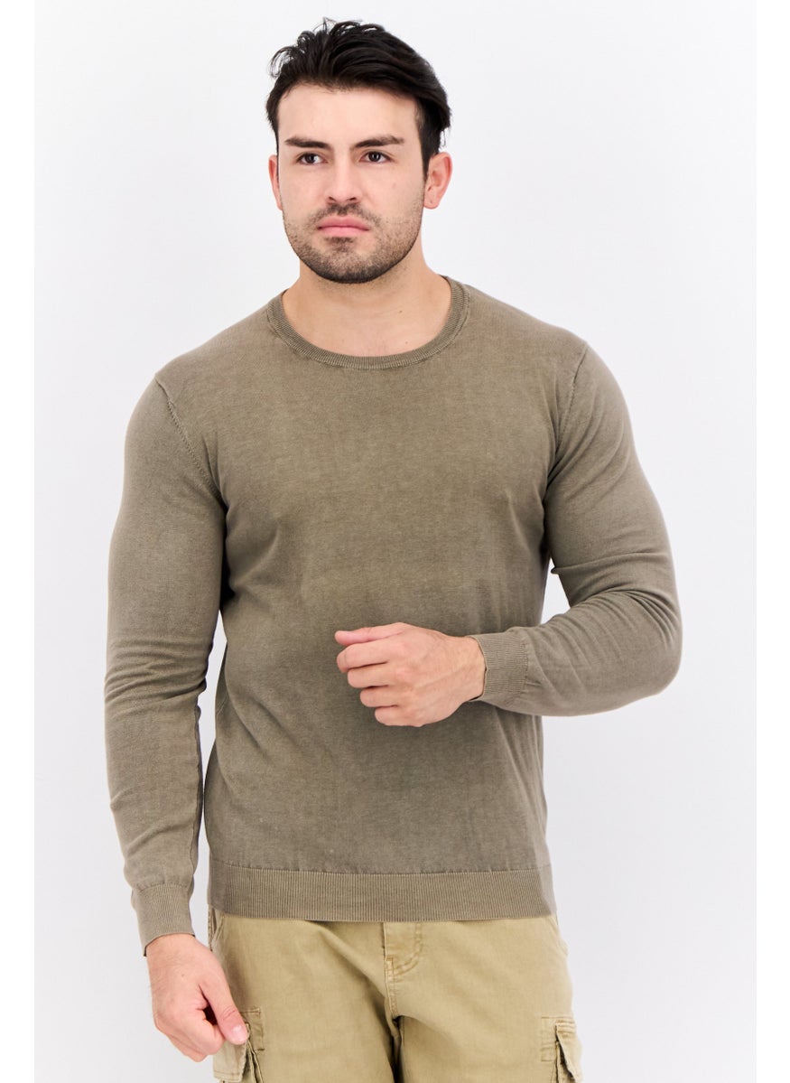 Men Ribbed Neck Solid Long Sleeves Sweatshirt, Light Olive
