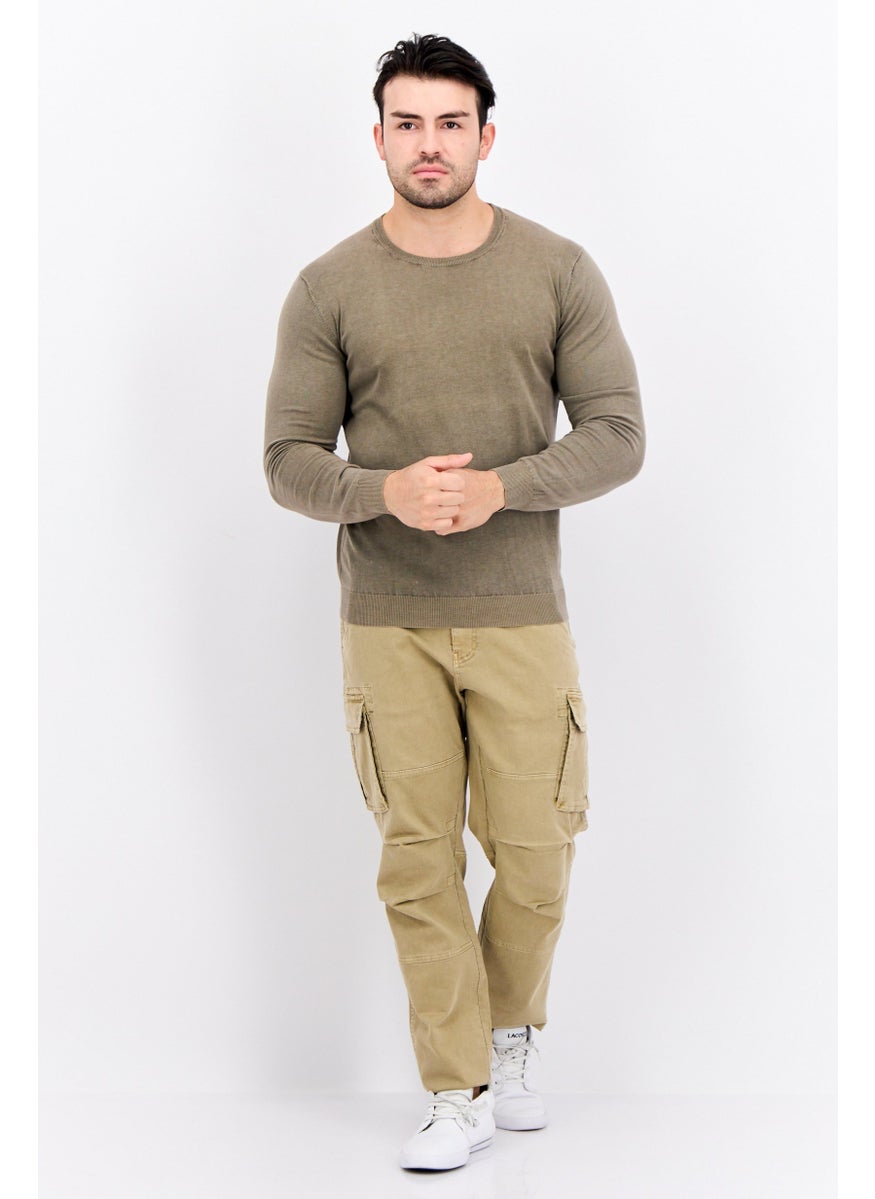 Men Ribbed Neck Solid Long Sleeves Sweatshirt, Light Olive