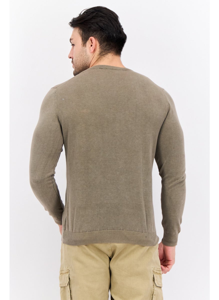 Men Ribbed Neck Solid Long Sleeves Sweatshirt, Light Olive