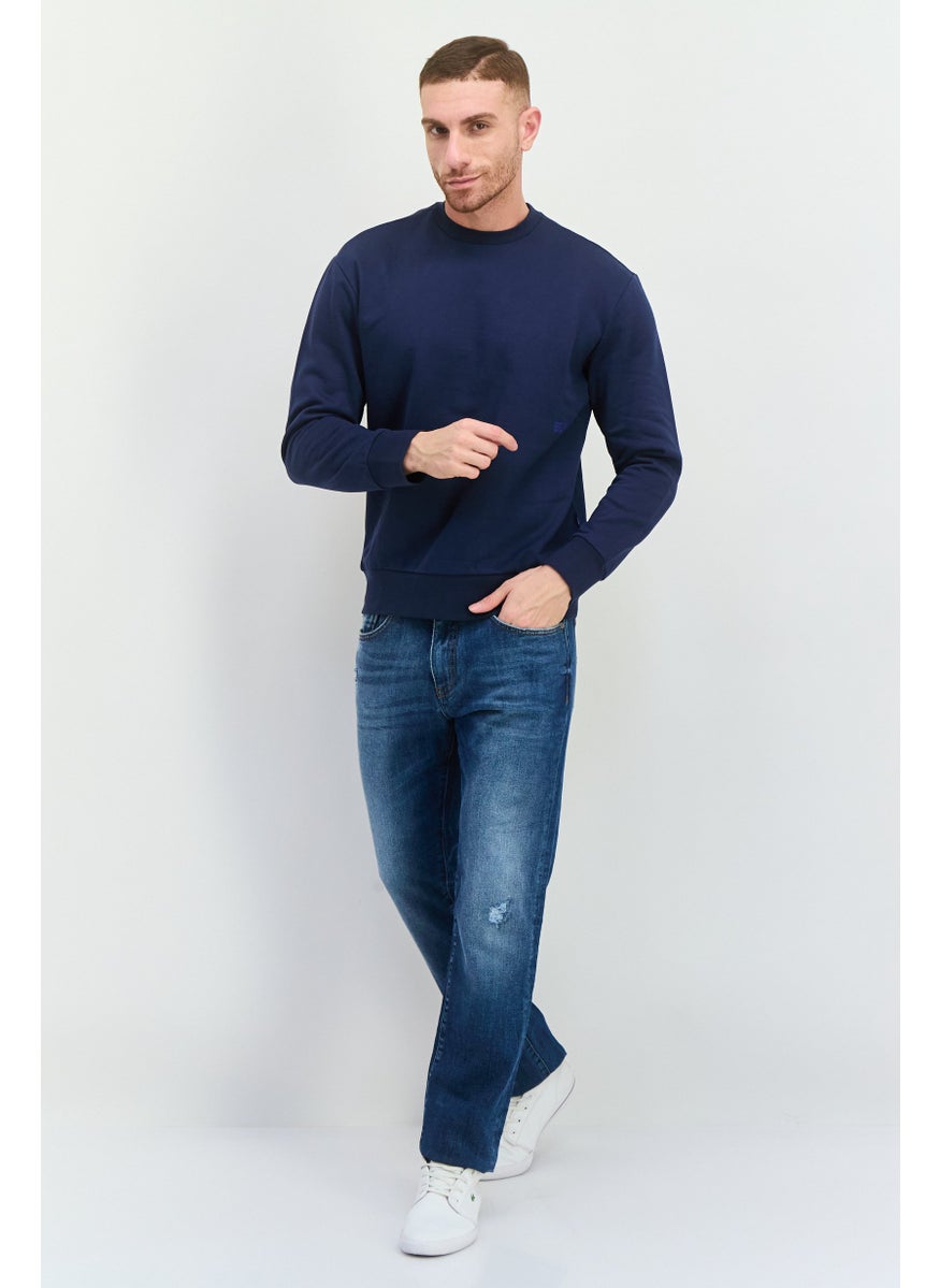 Men Crew Neck Graphic Print Long Sleeves Sweatshirt, Navy