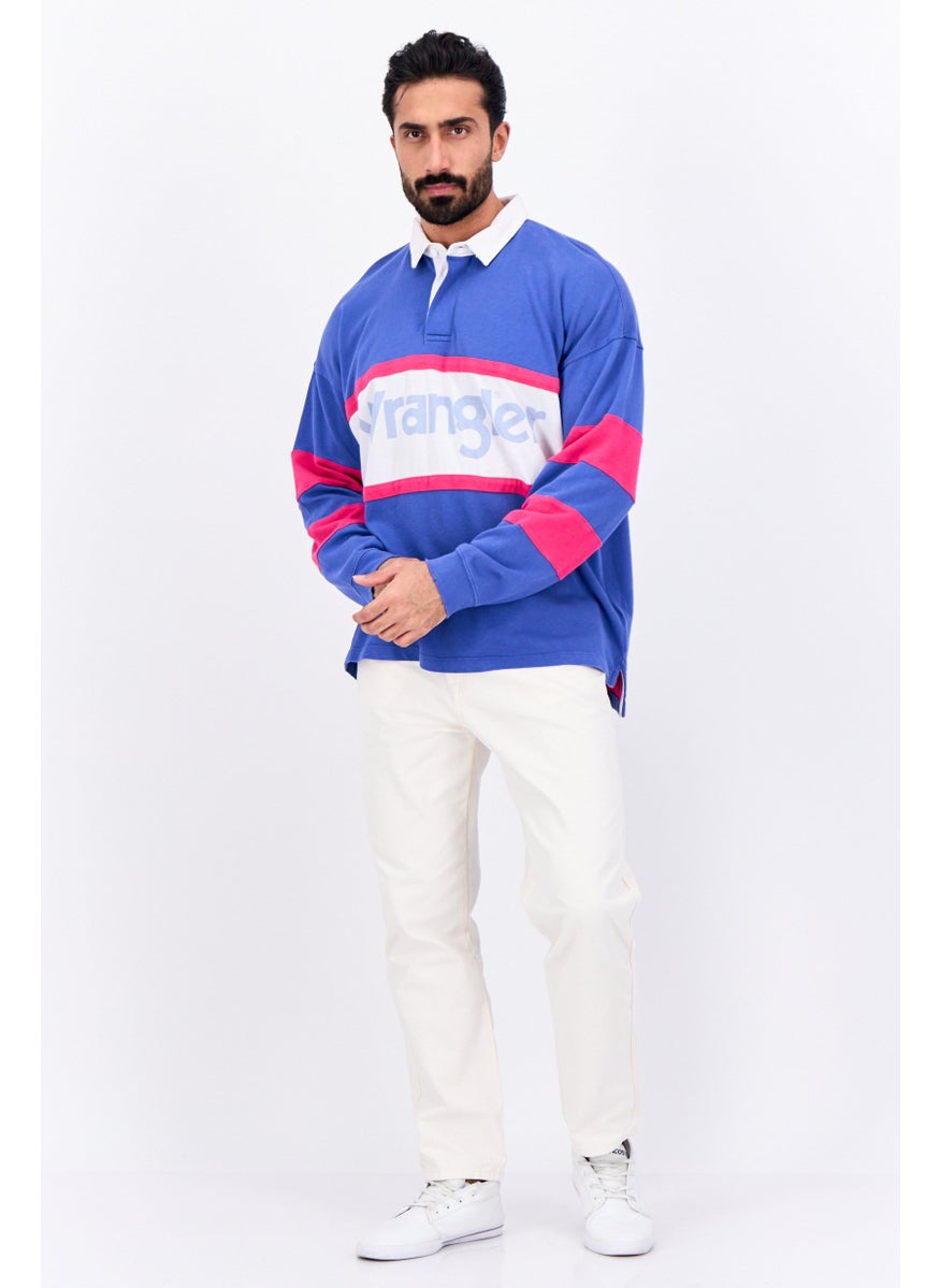 Men Spread Collar Brand Logo Long Sleeves Sweatshirt, Crisp Blue Combo