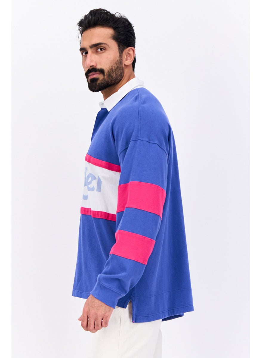 Men Spread Collar Brand Logo Long Sleeves Sweatshirt, Crisp Blue Combo