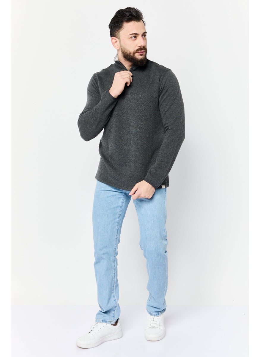 Men High Neck Heather Long Sleeve Sweatshirt, Charcoal
