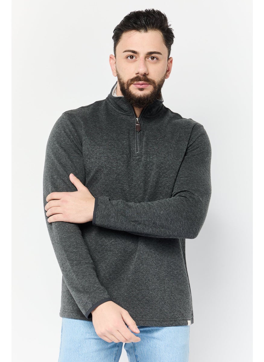 Men High Neck Heather Long Sleeve Sweatshirt, Charcoal