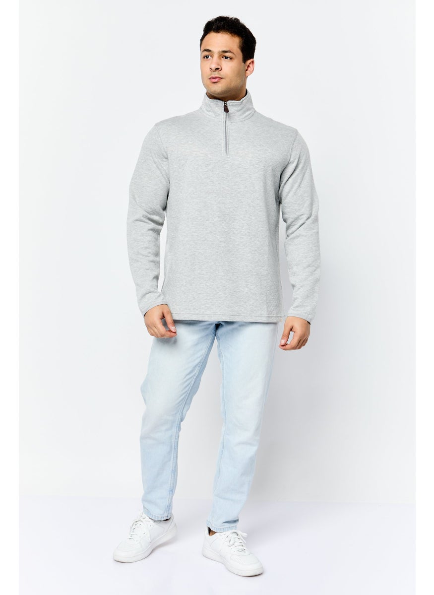 Men High Neck Heather Long Sleeve Sweatshirt, Light Grey