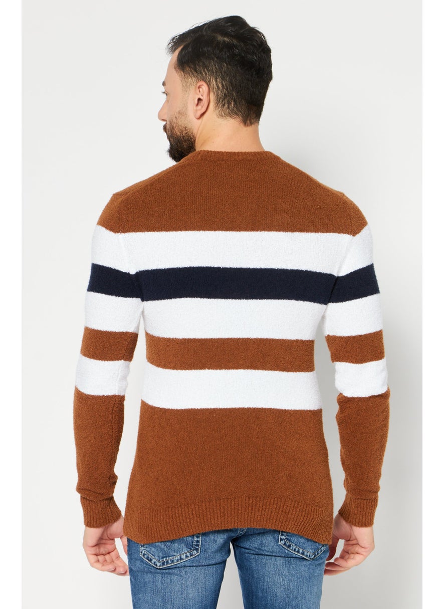 Men Crew Neck Stripe Long Sleeves Sweatshirt, Brown