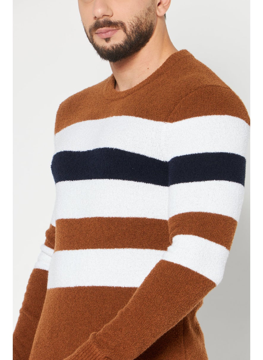 Men Crew Neck Stripe Long Sleeves Sweatshirt, Brown