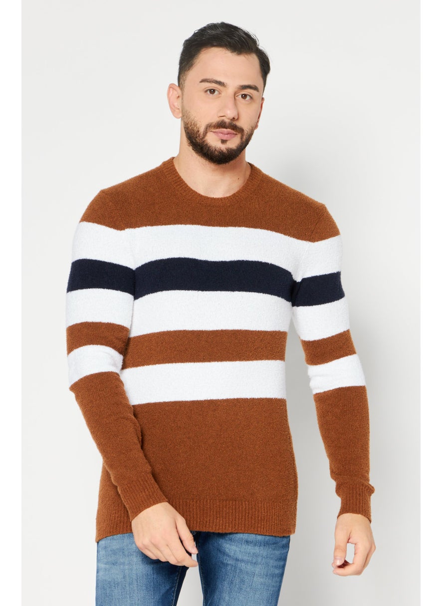 Men Crew Neck Stripe Long Sleeves Sweatshirt, Brown