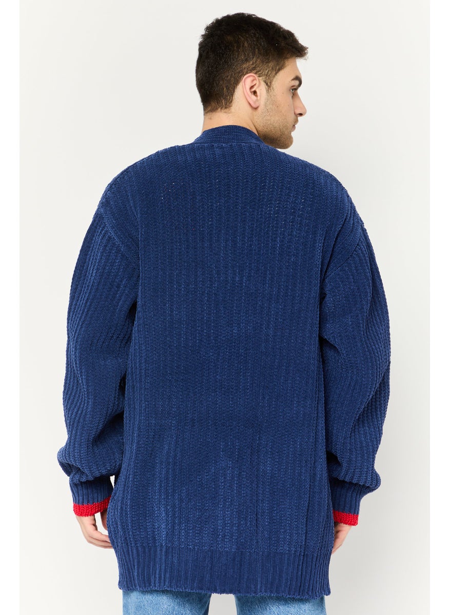 Men V Neck Textured Long Sleeves Cardigan, Navy Blue
