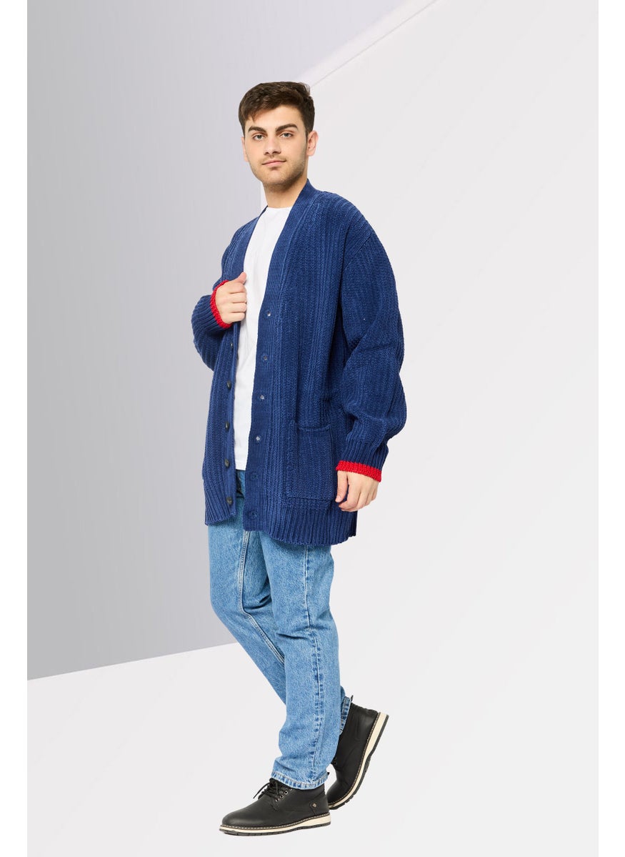 Men V Neck Textured Long Sleeves Cardigan, Navy Blue