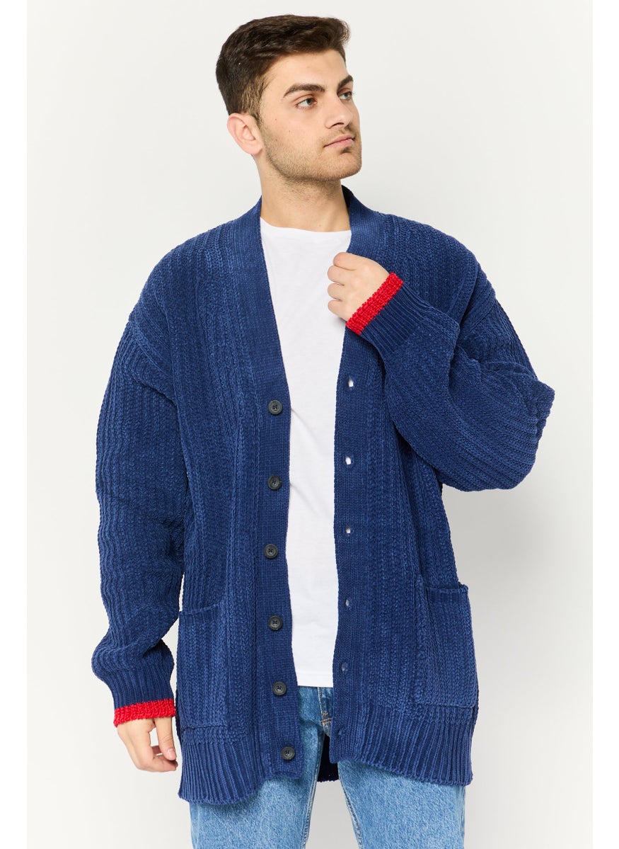Men V Neck Textured Long Sleeves Cardigan, Navy Blue