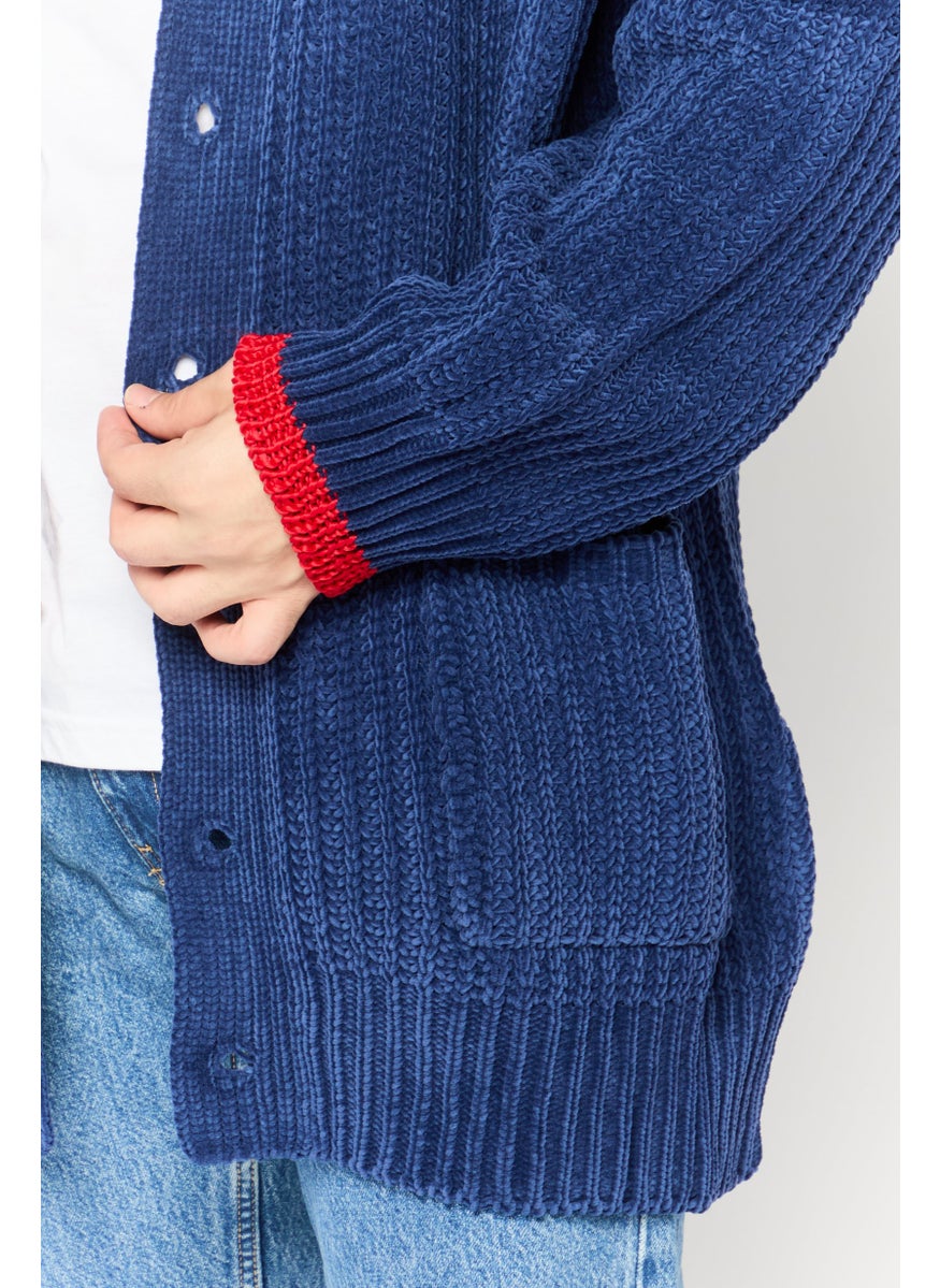 Men V Neck Textured Long Sleeves Cardigan, Navy Blue