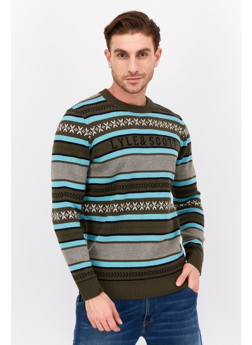 Men Crew Neck Brand Logo Long Sleeves Sweater, Olive Combo
