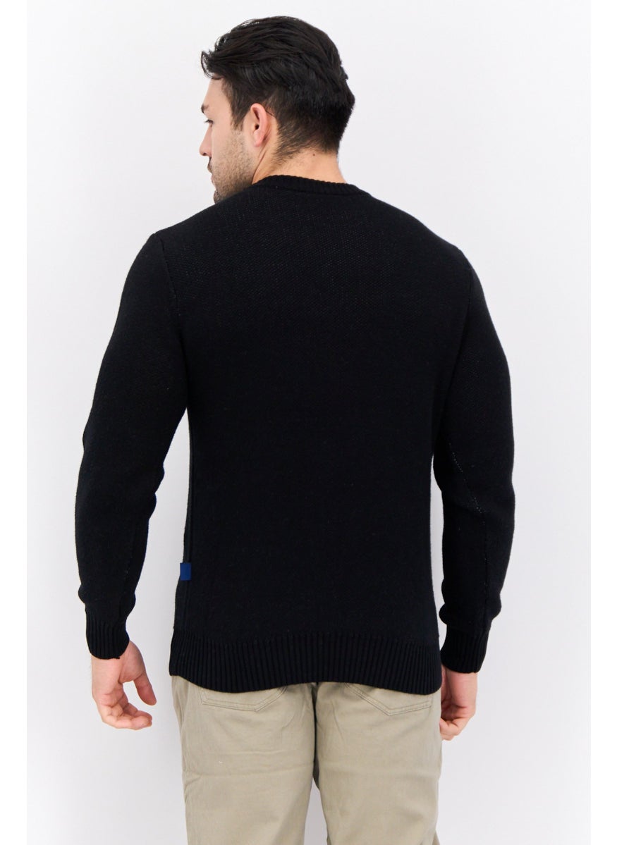 Men Crew Neck Knitted Long Sleeve Sweater, Black