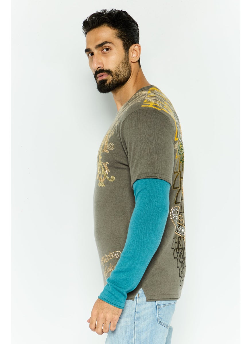 Men Crew Neck Embellished Sweater, Grey