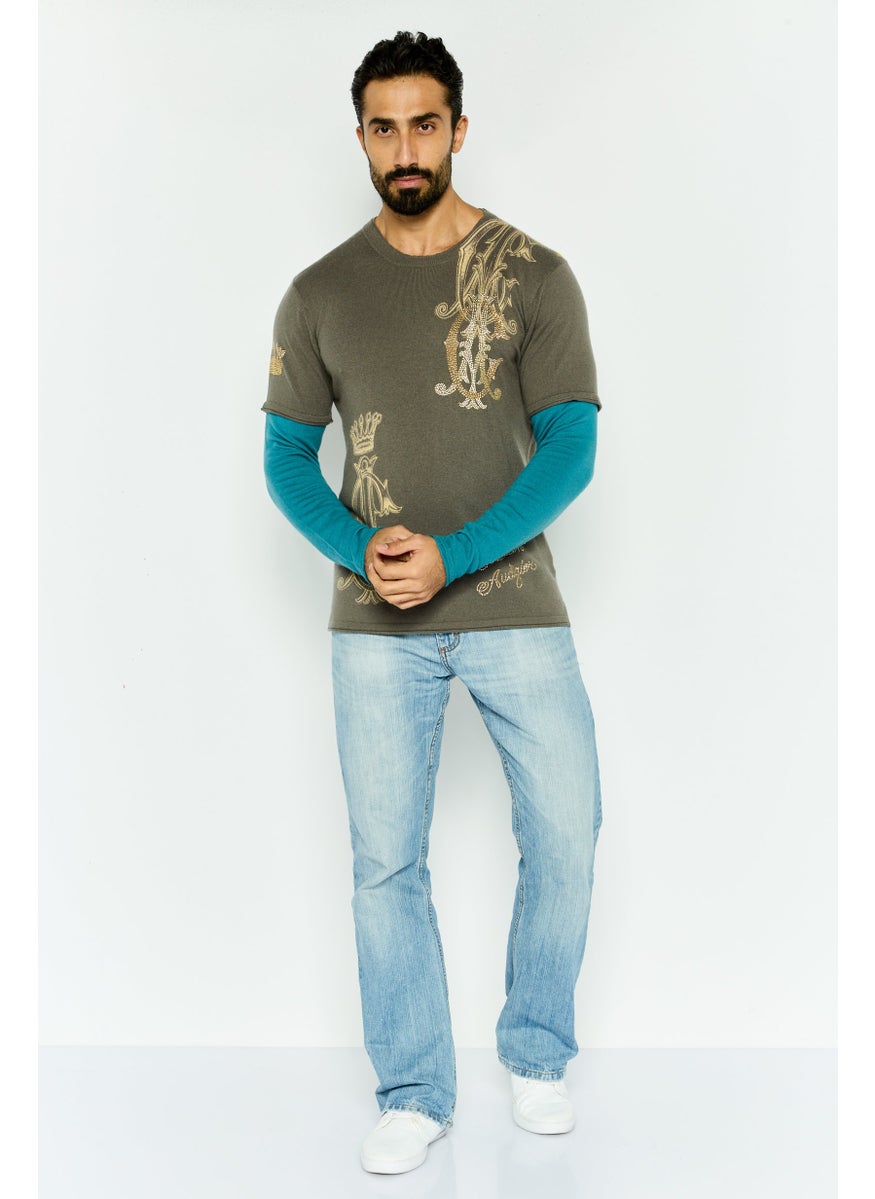 Men Crew Neck Embellished Sweater, Grey