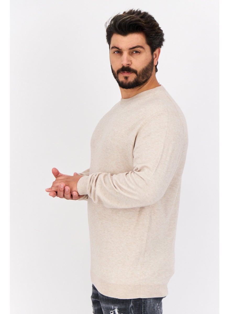 Men Crew Neck Long Sleeve Plain Sweater, Beige