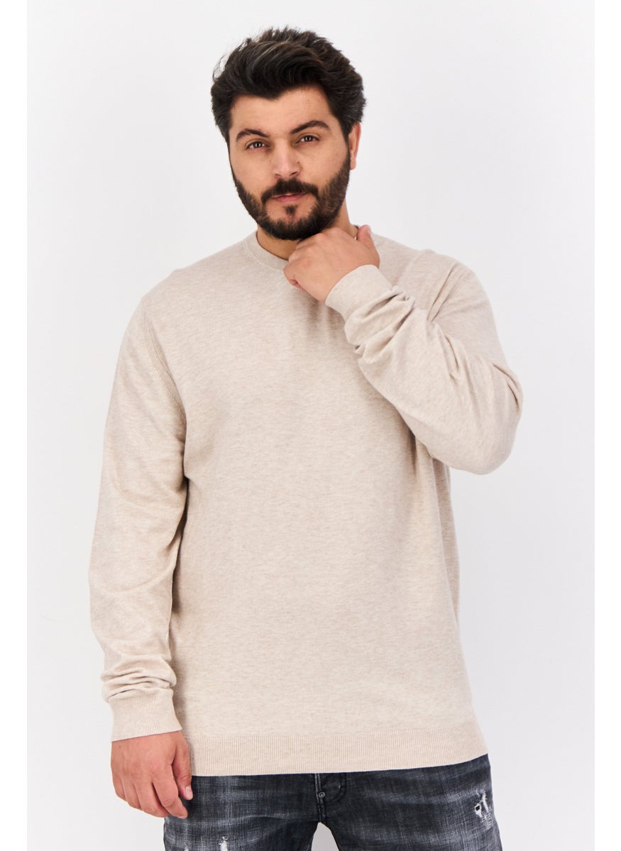 Men Crew Neck Long Sleeve Plain Sweater, Beige