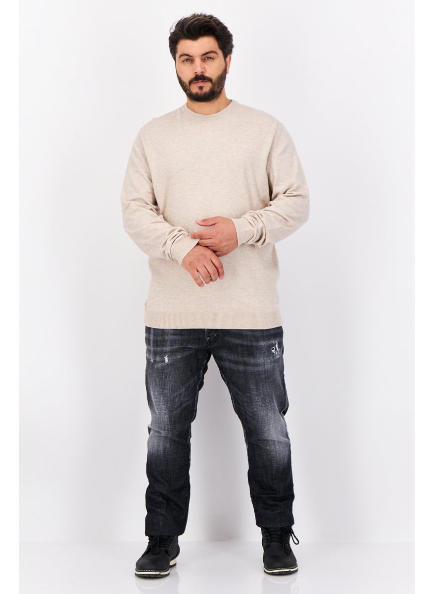 Men Crew Neck Long Sleeve Plain Sweater, Beige