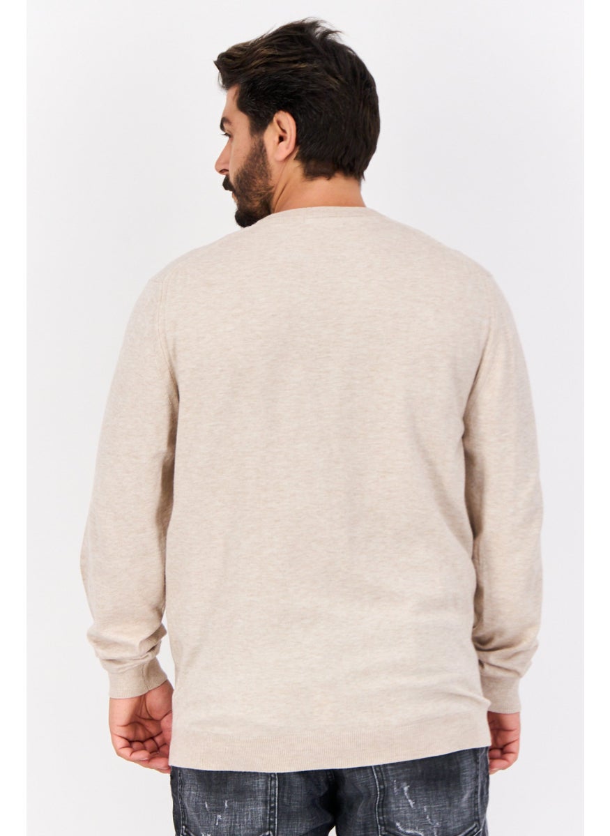 Men Crew Neck Long Sleeve Plain Sweater, Beige